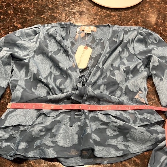 NWT BOG Collective blouse. Sheer clipped jacquard- deep turquoise Large Juniors - Picture 6 of 8